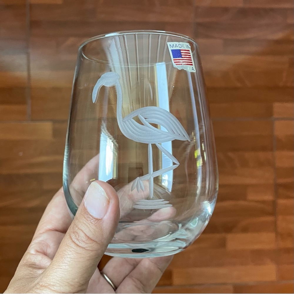 Set of TWO Flamingo Etched Stemless Wine Glasses